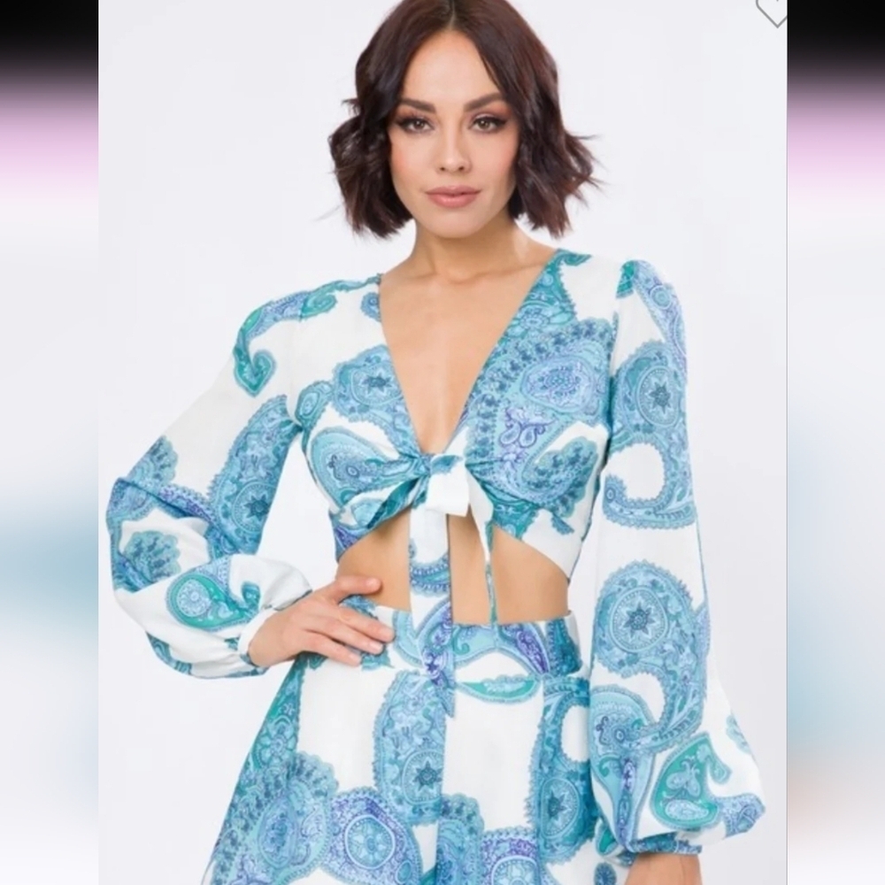 NWT Rosevelvet Blue Paisley Baroque Front Tie Crop Top Bell Sleeve Small